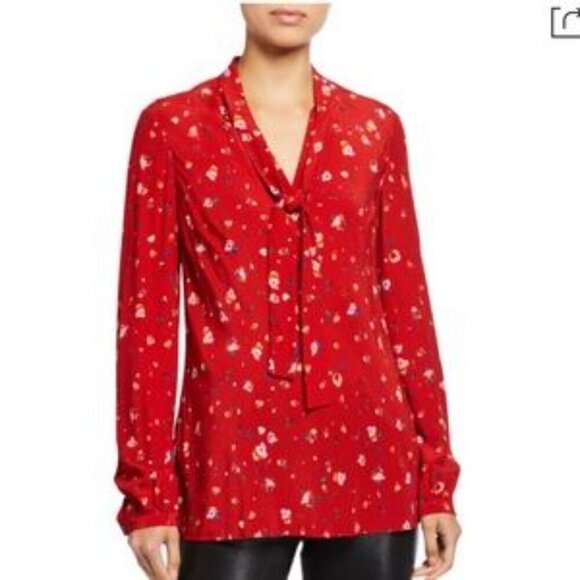 Derek Lam 10 Crosby Evadine Blouse Silk Floral Tie-neck Long Sleeves Red Top 2 - Picture 1 of 12